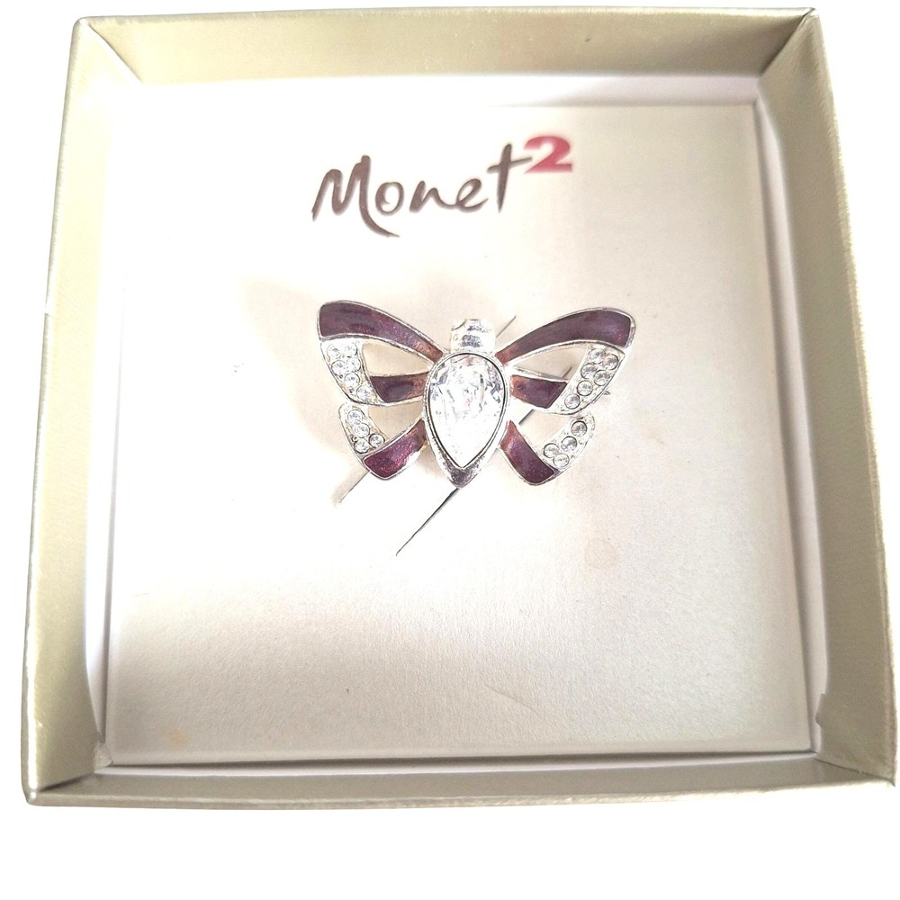 Monet Purple Enamel Butterfly Pin Silver Tone Crystal Rhinestone Brooch Vintage